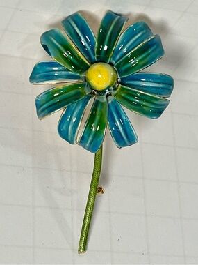 Vintage Original by Robert Blue Green Enamel Daisy Flower Brooch